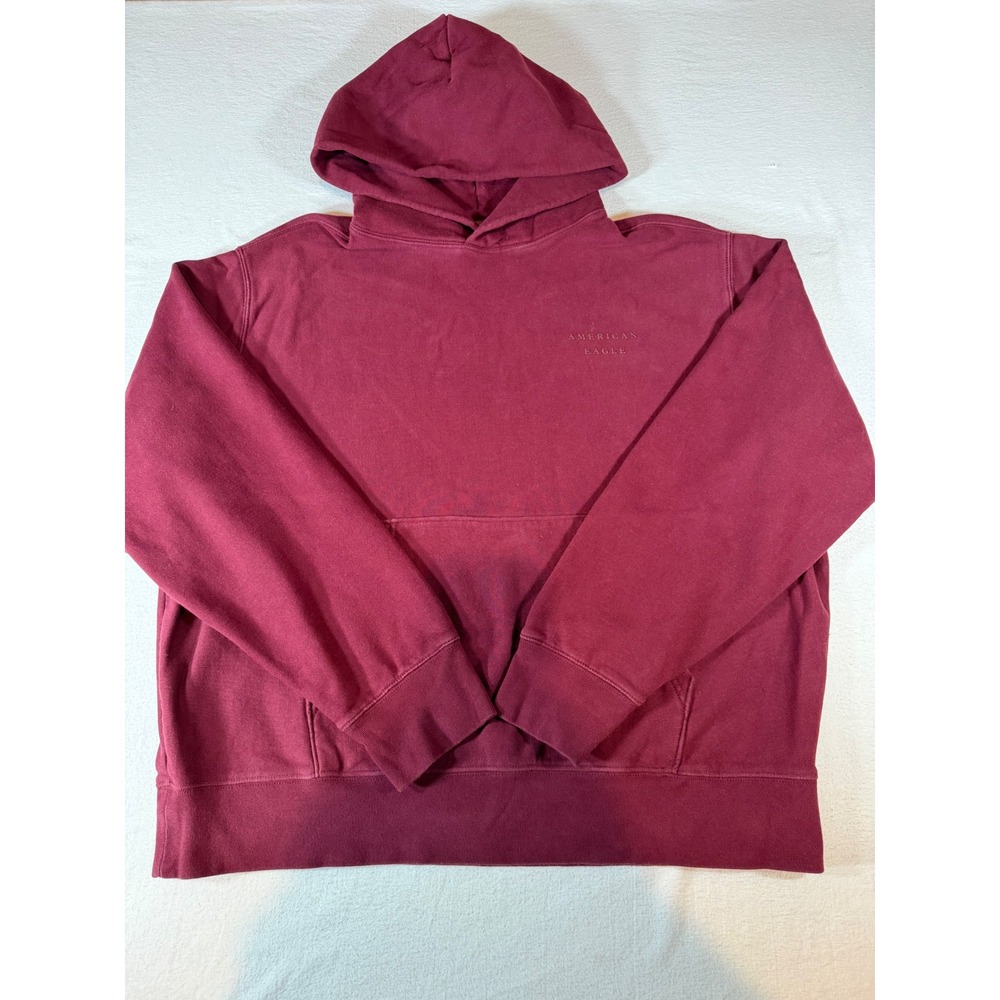American Eagle Hoodie Mens XL Burgundy Maroon Embossed Logo Pullover Sweatshirt